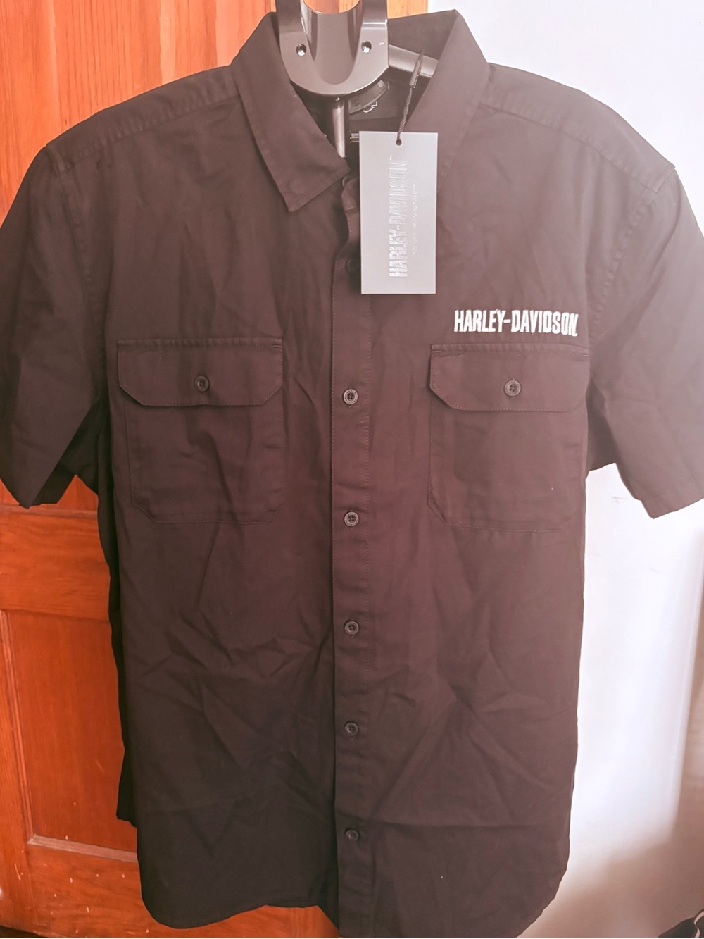 Harley-Davidson Black Short Sleeve Button-Down Work Shirt with White Logo